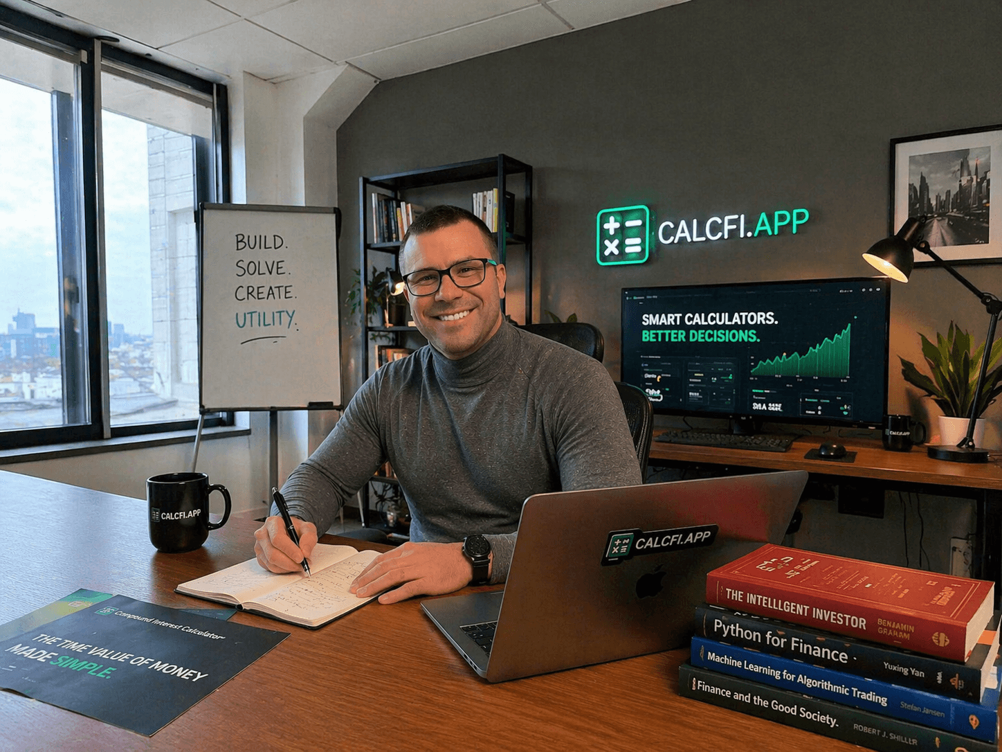 Jere Salmisto at the CalcFi office — BUILD. SOLVE. CREATE. UTILITY.